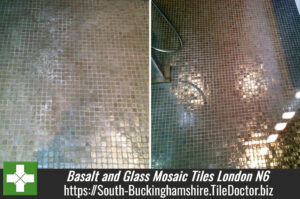 Basalt and Glass Mosaic tiles in a wet room London N6